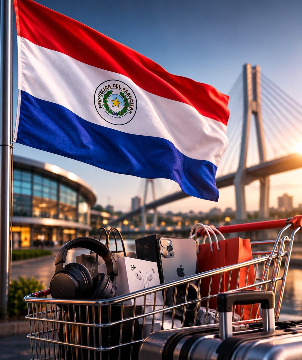 Bandeira do Paraguai com carrinho cheio de eletrônicos em Ciudad del Este